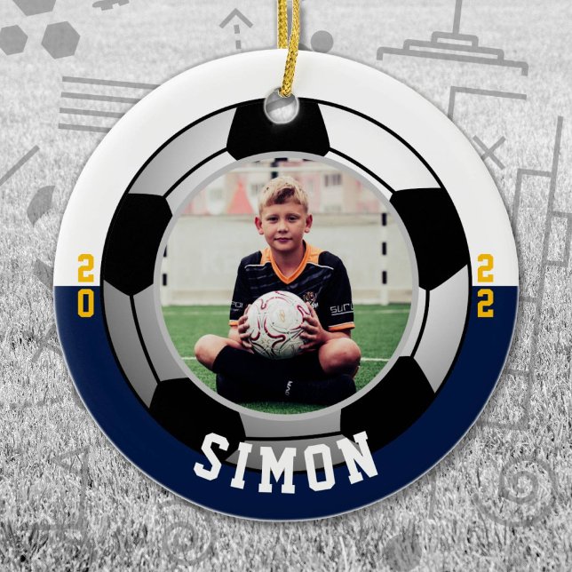 Soccer Navy White Team Colours Ceramic Ornament (Navy and White Soccer Let's Go Team Ornament. Celebrate your high school or college athlete.)
