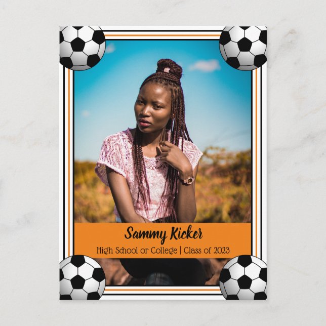 Soccer Orange & Black Graduation Announcement Postcard (Front)
