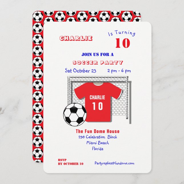Soccer Party Red Soccer Shirt Personalised Invitation (Front/Back)