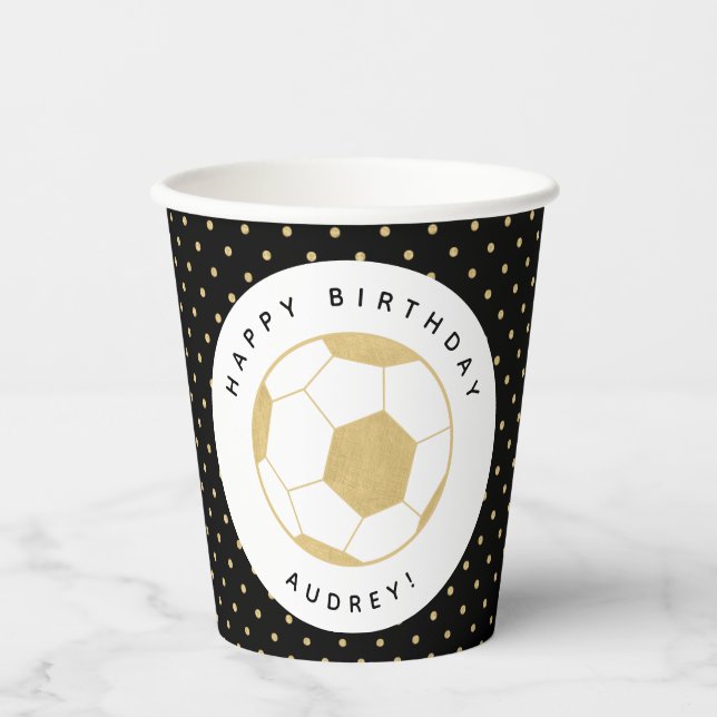 Soccer Party Sports Custom Name in Gold and Black Paper Cups (Front)