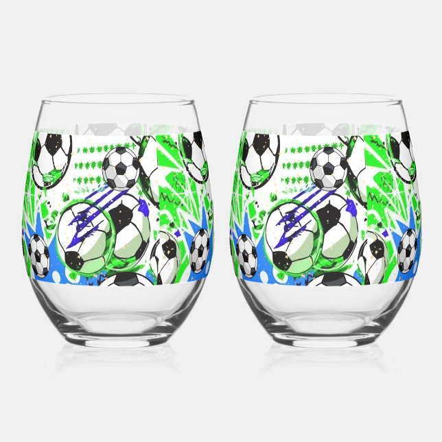 soccer pattern style stemless wine glass (Front)