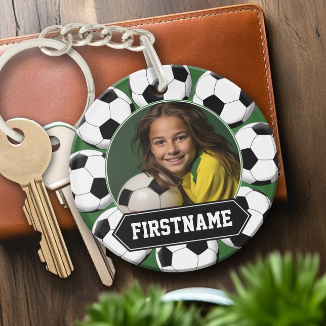 Soccer Photo for team or player - green Key Ring (Personalized keychain with photo and soccer balls)