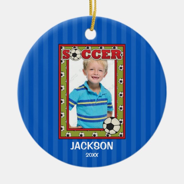 Soccer Photo Frame Kids Personalised Christmas Ceramic Ornament (Front)