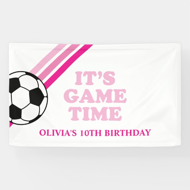 Soccer Pink Stripes Game Time Birthday Banner (Horizontal)