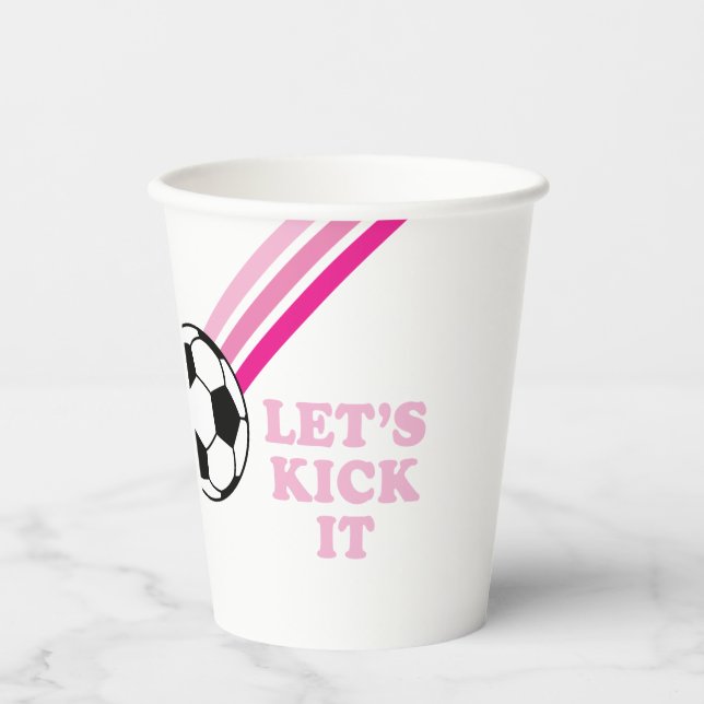Soccer Pink Stripes Let's Kick It Birthday Paper Cups (Front)