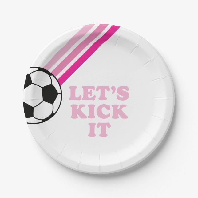 Soccer Pink Stripes Let's Kick It Birthday Paper Plate (Front)