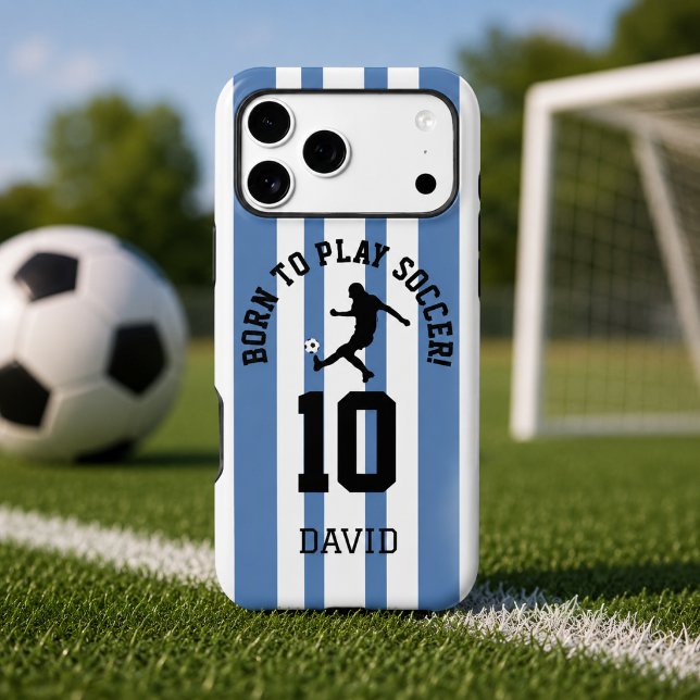 Soccer Pinstripe Jersey Number Design (Soccer pinstripe jersey phone case with player number and name on a soccer field)