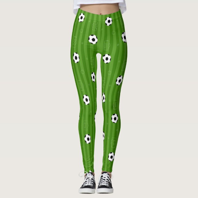 Soccer Pitch Footballs On Green Grass Pattern Leggings (Front)