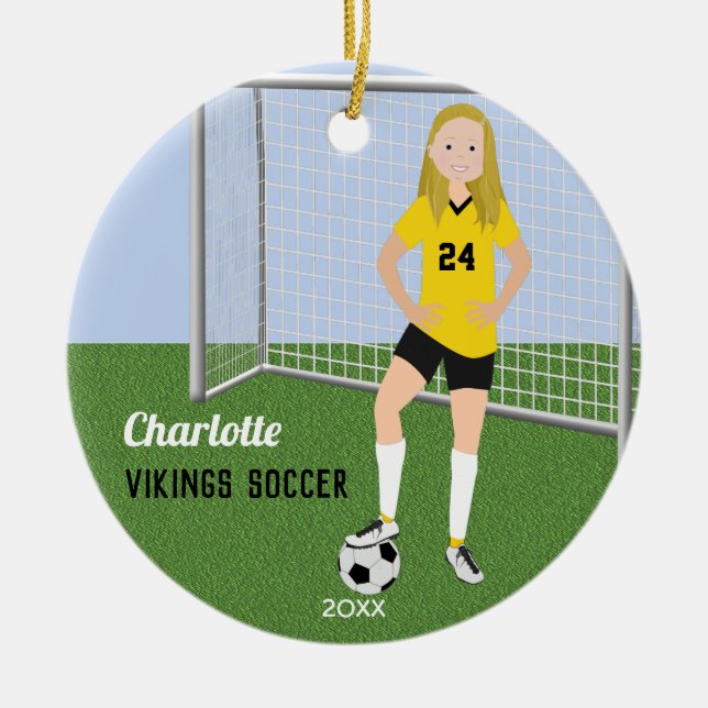 Soccer Player Blond In Yellow and Black Ceramic Ornament (Front)