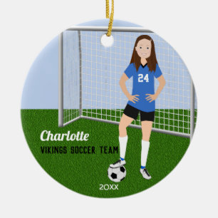 Soccer Player Brunette In Blue Ceramic Ornament