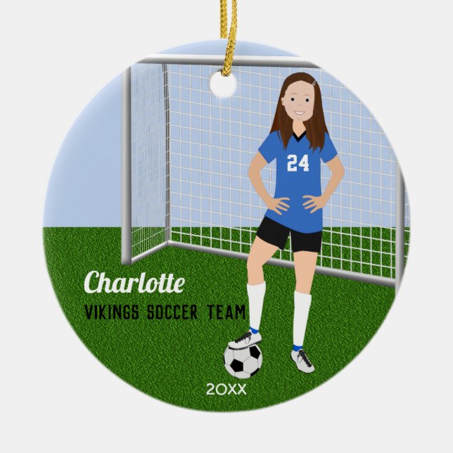 Soccer Player Brunette In Blue Ceramic Ornament (Front)