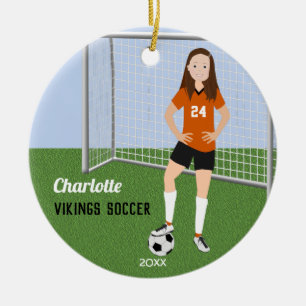 Soccer Player Brunette In Orange Ceramic Ornament