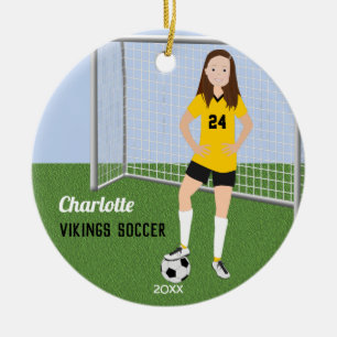 Soccer Player Brunette In Yellow and Black Ceramic Ornament