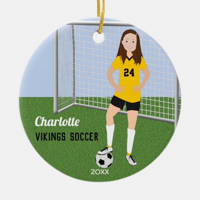 Soccer Player Brunette In Yellow and Black Ceramic Ornament (Front)