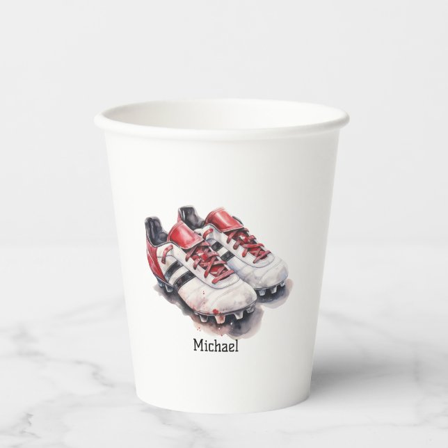 Soccer player coach shoes realistic name/ initials paper cups (Front)