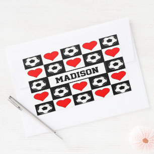 Soccer Player Custom Name Soccer Balls & Hearts Rectangular Sticker