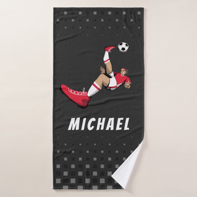 Soccer Player Kick Illustration Personalised Black Bath Towel (Bath Towel)