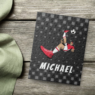 Soccer Player Kick Illustration Personalised Black Jigsaw Puzzle