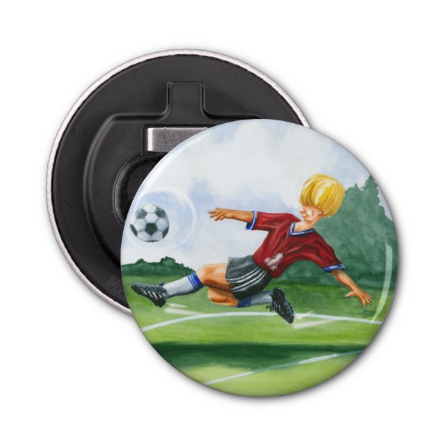 Soccer Player Kicking a Ball by Jay Throckmorton Bottle Opener (Front)
