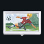 Soccer Player Kicking a Ball by Jay Throckmorton Business Card Holder<br><div class="desc">A soccer ball hangs in the air,  waiting for the vicious kick the player is winding up to deliver. Can he bend it like Beckham? A lovely piece to hang on your wall or give as a gift to the soccer aficionado in your life!</div>