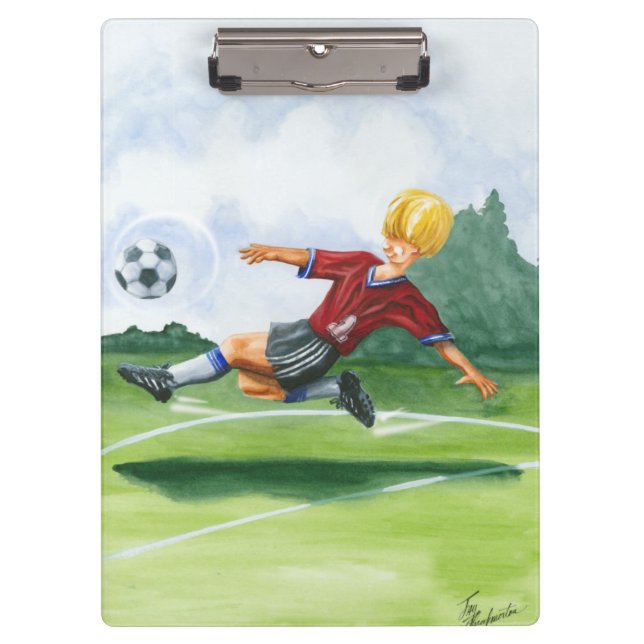 Soccer Player Kicking a Ball by Jay Throckmorton Clipboard (Front)