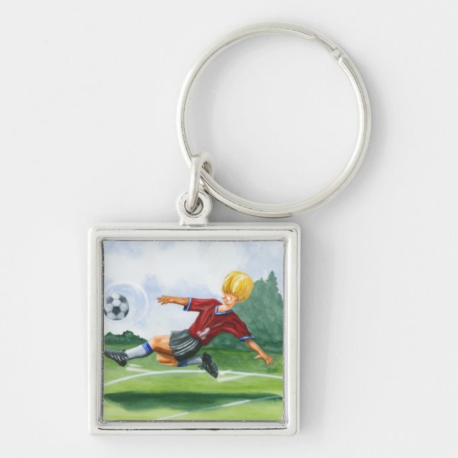 Soccer Player Kicking a Ball by Jay Throckmorton Key Ring (Front)