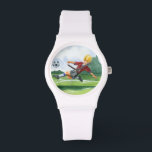 Soccer Player Kicking a Ball by Jay Throckmorton Watch<br><div class="desc">A soccer ball hangs in the air, waiting for the vicious kick the player is winding up to deliver. Can he bend it like Beckham? A lovely piece to hang on your wall or give as a gift to the soccer aficionado in your life!</div>