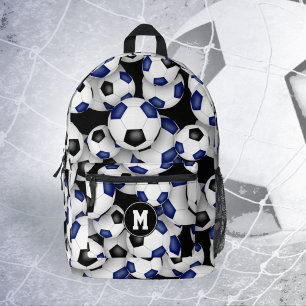 soccer player monogrammed blue black team colours printed backpack