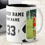 Soccer Player Name Number Team 2 Photos Two-Tone Coffee Mug<br><div class="desc">Soccer Player Name Number Team 2 Photos Coffee Mug. A perfect gift for the soccer player in your life - a personalised mug that showcases their love for the game! This mug features two photos of the player in action on the soccer field, giving them a constant reminder of the...</div>