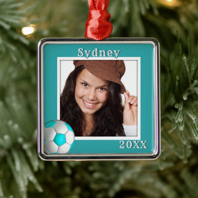 Soccer Player Photo Name Daughters Christmas Metal Ornament (Tree)