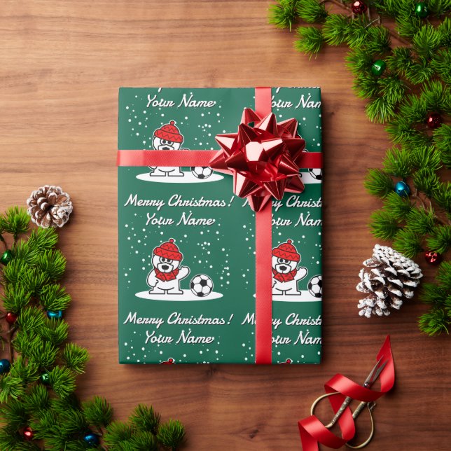 Soccer player polar bear cartoon kid's Christmas Wrapping Paper (Holiday Gift)