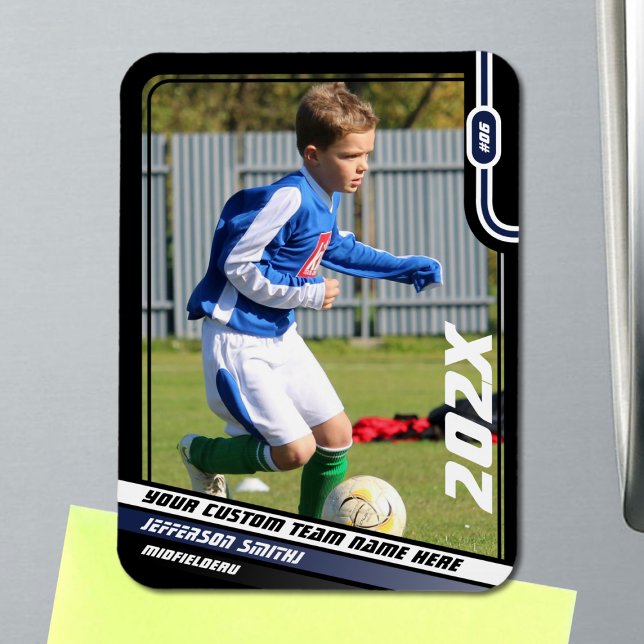 Soccer Player Trading Card in Black Blue Magnet (Soccer Player Magnet in Black with Custom Team Name and Dynamic Blue White Elements)