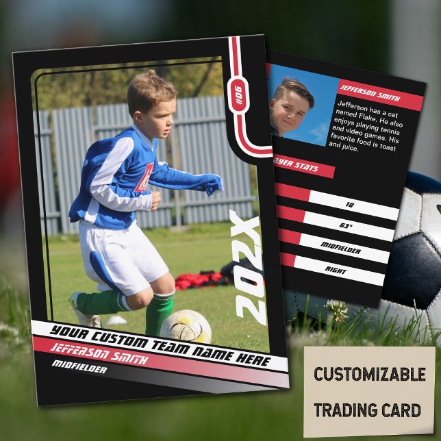 Soccer Player Trading Card in Black Red (Soccer Player Trading Card in Black with Custom Team Name and Red White Elements)