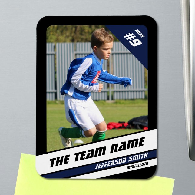 Soccer Player Trading Card in Vigourous Blue Black Magnet (Soccer Player Magnet in Black with Custom Team Name and Blue White Elements)
