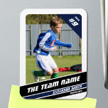 Soccer Player Trading Card in Vigourous Blue White Magnet<br><div class="desc">Showcase your soccer star with our customisable magnet, designed with a crisp white frame and striking blue and black elements. This magnet features a bold san-serif font for the uniform number and year, both in white, at the top right corner, which can be personalised to your specifications. At the bottom,...</div>