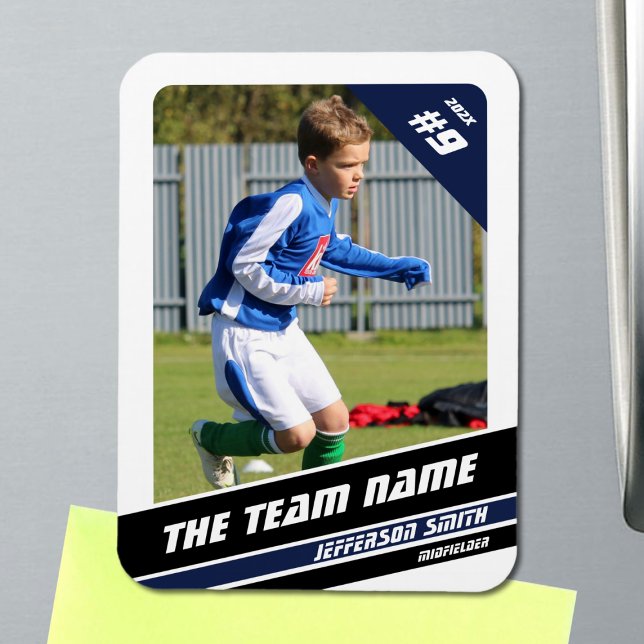 Soccer Player Trading Card in Vigourous Blue White Magnet (Soccer Player Magnet in White with Custom Team Name and Blue Black Elements)