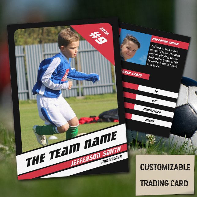 Soccer Player Trading Card in Vigourous Red Black (Soccer Player Trading Card in Black with Custom Team Name and Red White Elements)