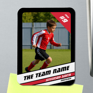 Soccer Player Trading Card in Vigourous Red Black Magnet
