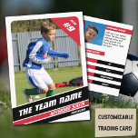 Soccer Player Trading Card in Vigourous Red White<br><div class="desc">Introducing our Classic Soccer Trading Card – a bold statement of soccer excellence, adorned with vibrant Vigourous red and crisp white stripes on a clean white background. On the front, personalise the essentials: team name, player's full name, position, jersey number, and feature the player's image, capturing their dynamic presence on...</div>