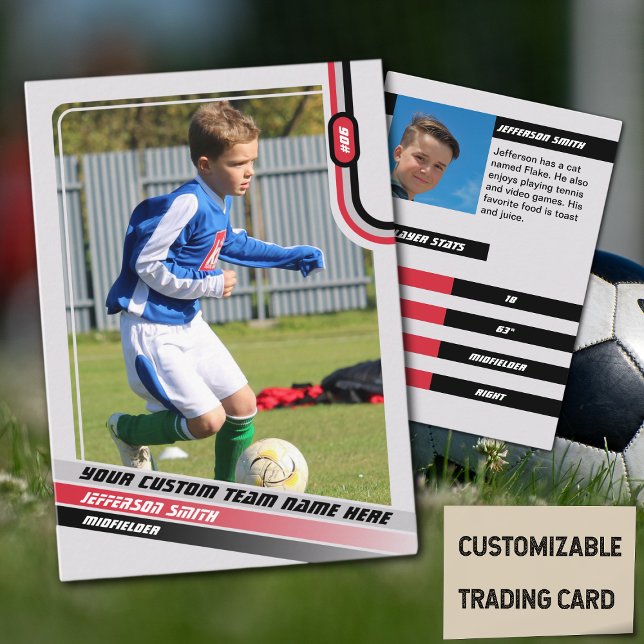 Soccer Player Trading Card Light Grey Red (Soccer Player Trading Card in Light Grey with Custom Team Name and Red Black Elements)
