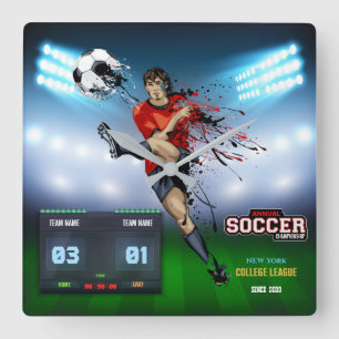 Soccer player with electronic sports scoreboard square wall clock