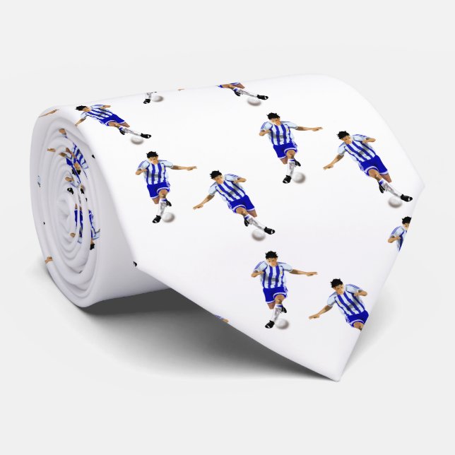Soccer Players Kicking Ball Blue Uniform Tie (Rolled)