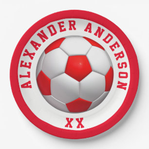 Soccer Red Name and Jersey Personalise Paper Plate