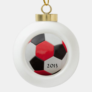 Soccer Red White and Black Ceramic Ball Christmas Ornament