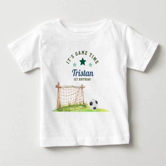 Soccer Rookie “It’s Game Time” First Birthday Baby T-Shirt (Front)