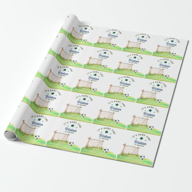 Soccer Rookie “It’s Game Time” First Birthday Wrapping Paper (Unrolled)