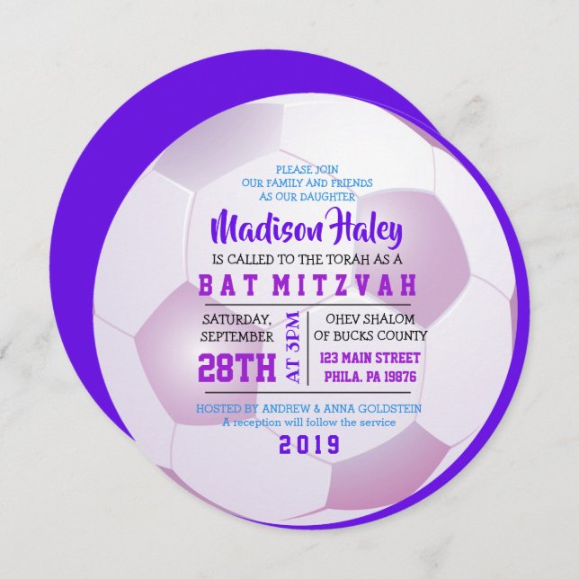 SOCCER ROUND GIRLS Bat Mitzvah Invitation (Front/Back)