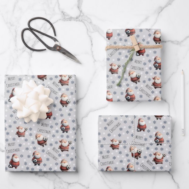 Soccer Santa on Light Grey Wrapping Paper Sheet (Front)