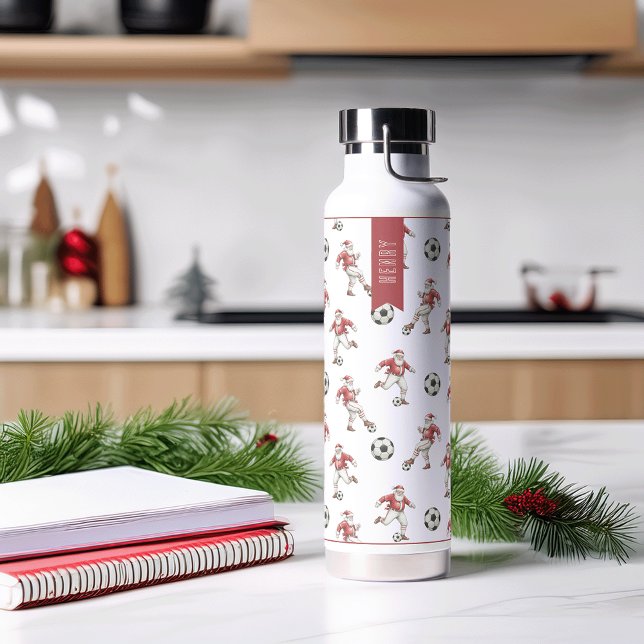 Soccer Santa Personalised Christmas Water Bottle (Creator Uploaded)