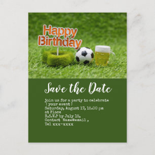 Soccer save the date  with ball on green BIRTHDAY Postcard
